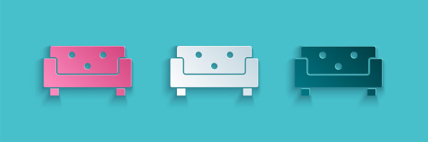 剪纸沙发图标孤立在蓝色背景。纸艺术风格。向量图片下载