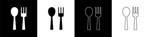 设置叉子和勺子图标孤立的黑色和白色背景。烹饪用具。餐具的迹象。向量图片下载