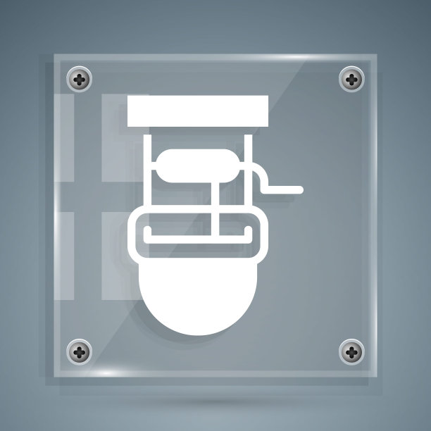 白色井与水桶和饮用水图标孤立在灰色背景。方形玻璃面板。向量图片下载