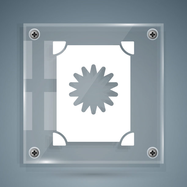 白色古老的魔法书与炼金术配方和神秘的咒语和结界图标孤立在灰色的背景。方形玻璃面板。向量图片下载