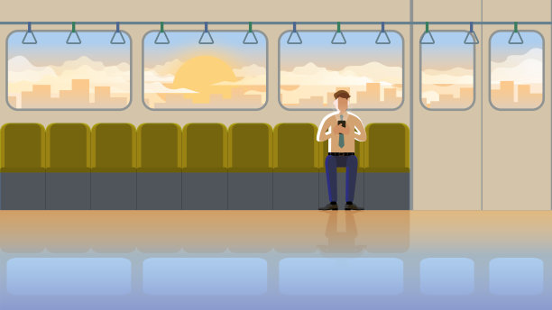 员工工资员在上班时使用智能手机。独自在清晨乘坐公共交通的第一列火车日出。日常生活的人们城市的生活方式勤奋努力。图片下载