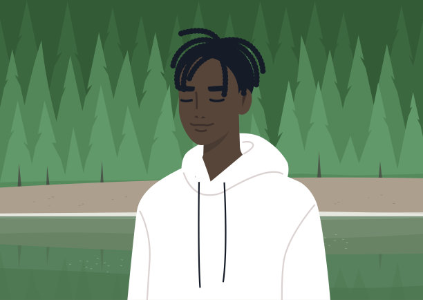 一个安静的森林冥想，一个年轻的男性黑人角色闭着眼睛休息图片下载