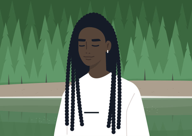 一个安静的森林冥想，一个年轻的女性黑人角色与闭着眼睛休息图片下载