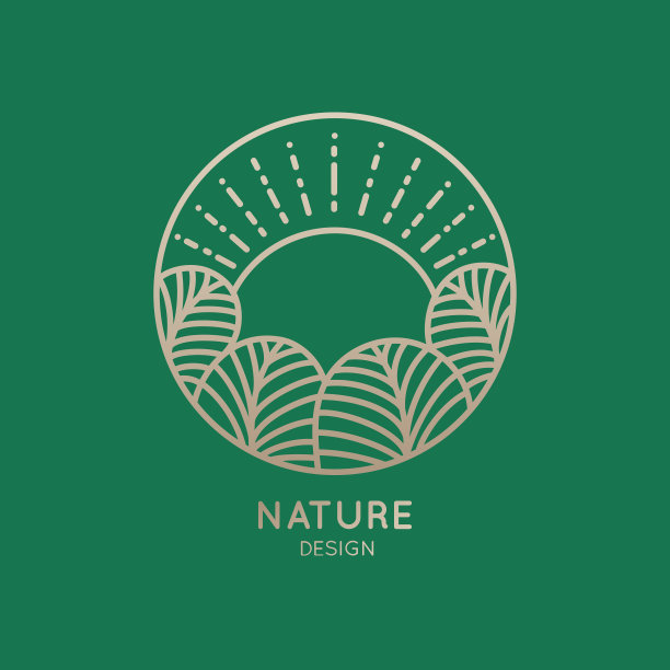 绿色背景上抽象的自然元素标志。景观的线性图标，树木和太阳在圆圈-商业标志，徽章旅游，农业和生态概念，健康和瑜伽中心图片下载