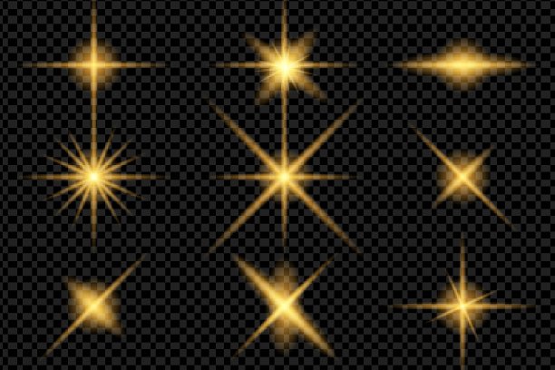闪光、灯光和火花的集合。光学耀斑。抽象的金色灯光孤立在透明的背景上图片下载