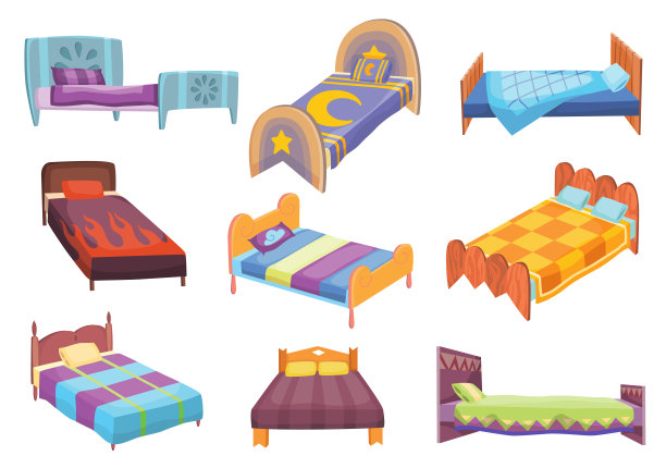 卡通床集合。矢量插图的彩色床与枕头和覆盖。图标的家具图片下载