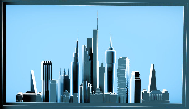 现代城市3D渲染视图。商业和银行与摩天大楼，现代企业建筑，首都，未来的城市景观。商业背景图片下载