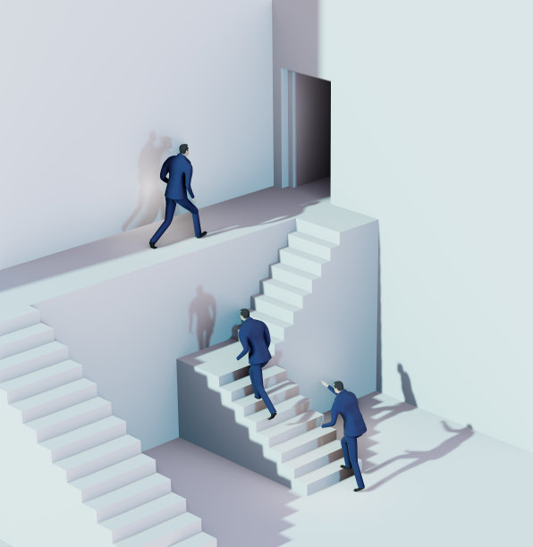 3D渲染图，商业人士在抽象的环境中奔向成功的楼梯代表解决问题，找到正确的方法，咨询，竞争和成就图片下载