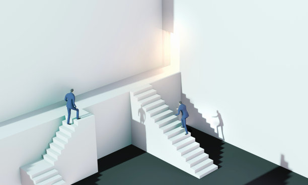 3D渲染图，商业人士在抽象的环境中奔向成功的楼梯代表解决问题，找到正确的方法，咨询，竞争和成就图片下载
