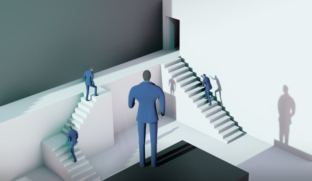 3D渲染图，商业人士在抽象的环境中奔向成功的楼梯代表解决问题，找到正确的方法，咨询，竞争和成就图片下载