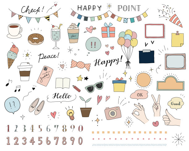 一套各种各样的涂鸦插图，如糖果，饮料，派对装饰，花环，框架，数字等。图片下载