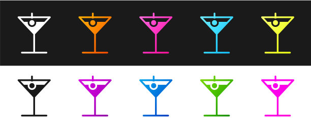 设置马提尼玻璃图标隔离在黑色和白色图片下载