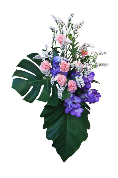 热带叶和花的插花，婚礼花装饰与山葵叶和紫兰花，粉红色康乃馨，和白色的静态花束孤立在白色的剪枝路径图片下载