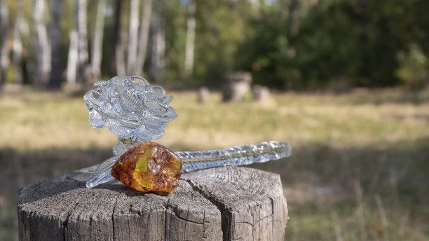 一片天然的波罗的海橙色琥珀和复古水晶玫瑰作为装饰小树桩在阳光灿烂的草坪。图片下载