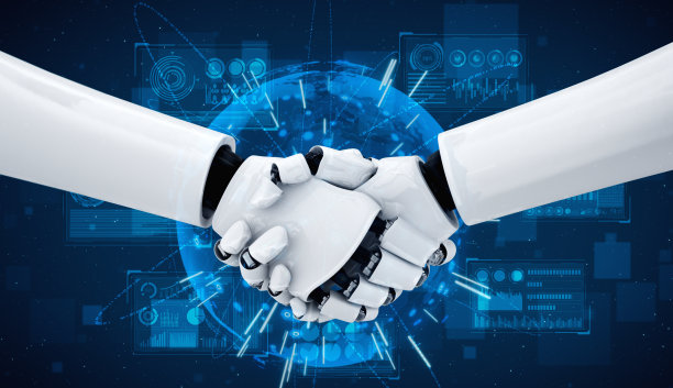 3D渲染人形机器人握手协作未来技术图片下载