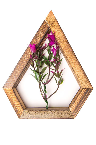 木制六角形墙装饰框架与人造花在中心。在一个孤立的白色背景上图片下载