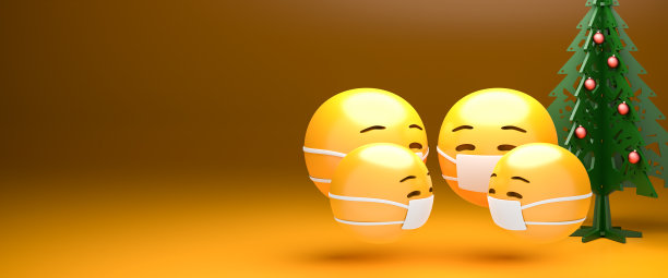 一个四口之家在圣诞树前戴着面具，用表情符号表达了他们的脸。网络横幅的尺寸。圣诞节在时代的电晕概念图片下载