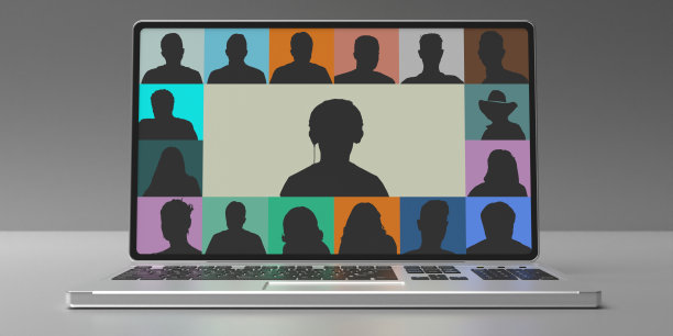 一群人在笔记本电脑屏幕上，灰色背景孤立。视频会议的概念。三维演示图片下载