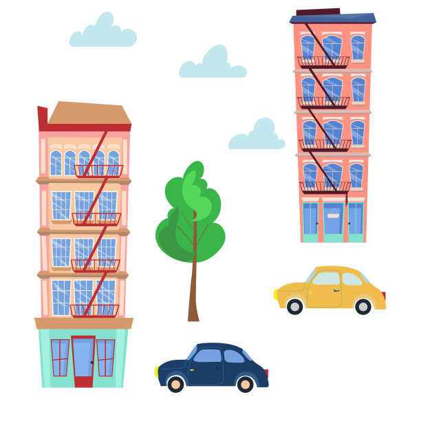 卡通可爱的房子和汽车。的贴纸。矢量图图片下载