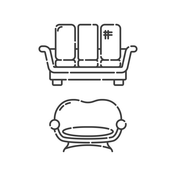 三个枕头的舒适沙发。两个现代时尚的休闲对象。线条艺术风格的沙发形象。室内元素家具。平面插图与长椅上的白色背景图片下载