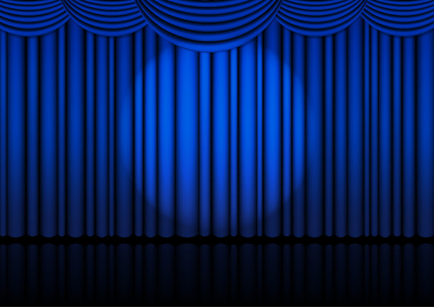 室内写实歌剧舞台，配有蓝色幕布和聚光灯，用于喜剧表演或歌剧表演电影。矢量插图。图片下载