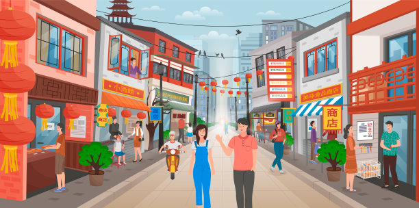 走在中国的大街上，到处都是展示商品的商店。人们走在中国城市的街道上图片下载