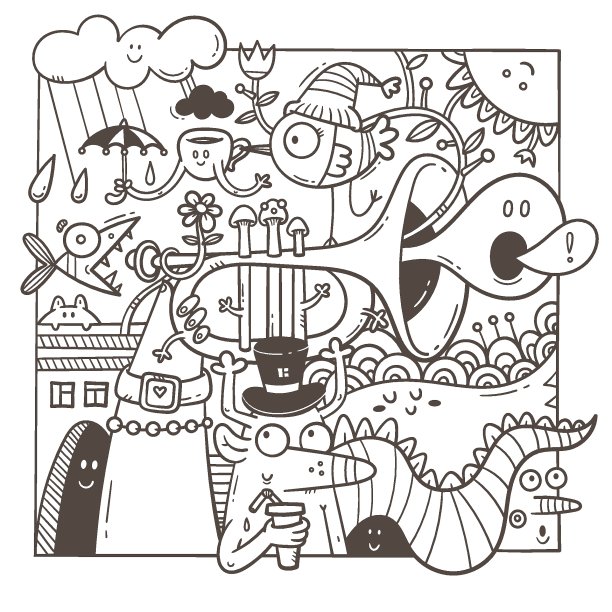 用有趣的生物来抗压力的着色书。绘有龙、怪兽、乐器的涂鸦。行艺术海报。图片下载