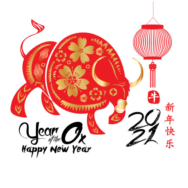 中国生肖牛年，红剪纸牛。中国新年快乐2021年牛年(中文翻译为牛年快乐)图片下载