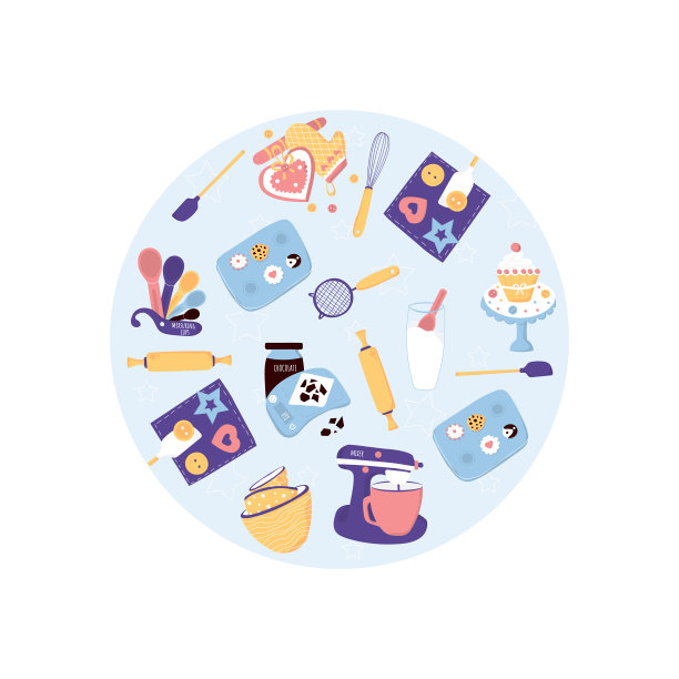 矢量插图。烘烤圈贴纸与厨房工具图片下载