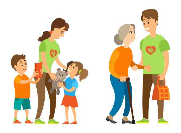 志愿者帮助孤儿和老妇人矢量图图片下载