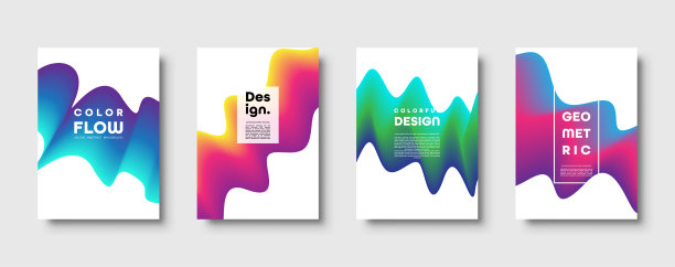 抽象时尚的几何背景与液体梯度。色彩丰富的蓝、红、黄、绿动态曲线波浪。现代运动旗帜集。矢量图图片下载