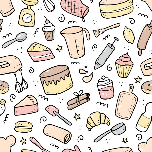 手工绘制烘焙和烹饪无缝模式图片下载