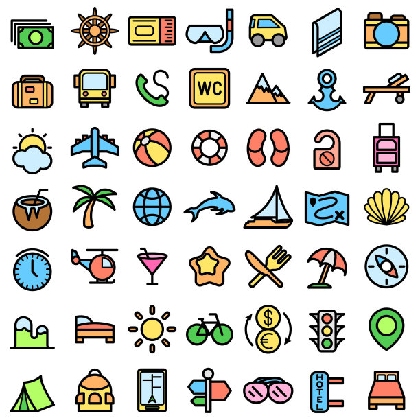 集合抽象涂鸦元素手绘集合旅游旅游素描向量设计风格背景夏季太阳罗盘照相机飞机眼镜票插图图标图片下载