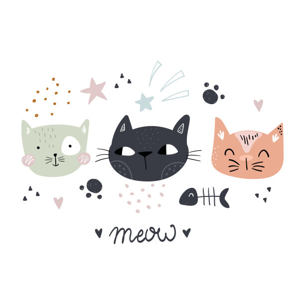 可爱的手绘猫幼稚的印花。幼稚的印花服装，幼儿园装饰，卡片，海报，t恤。矢量图图片下载