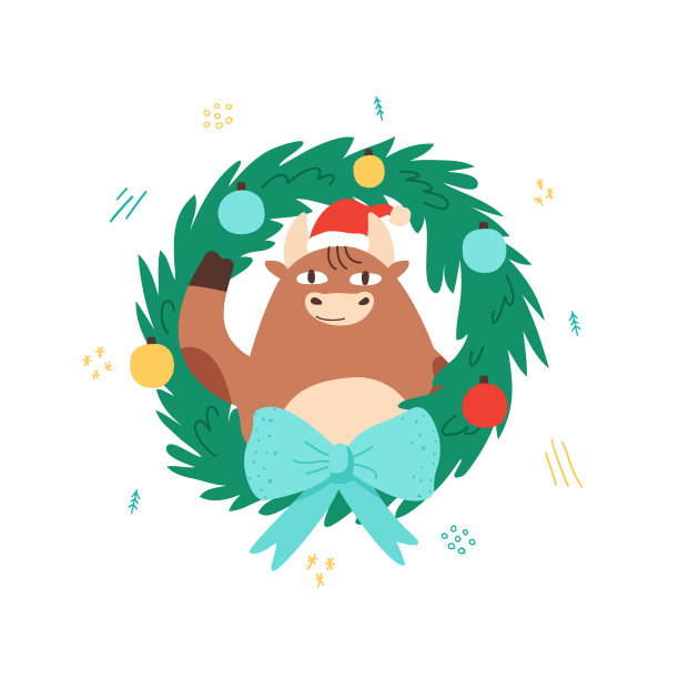 可爱有趣的牛，或牛和圣诞花环。圣诞快乐，2021年新年快乐。牛年，公牛和公牛穿着红色的圣诞老人服装。动物节日卡通人物。矢量插图上的白色背景图片下载