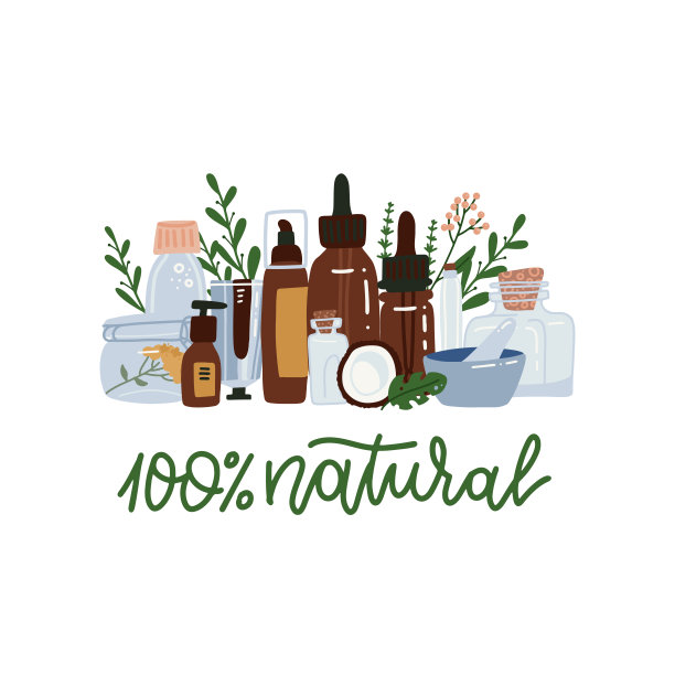 护理化妆品站在架子上用绿色的树枝装饰。装乳液，油，霜，磨砂膏，精华液。有机天然化妆品的概念。平面矢量插图，植物，叶子。图片下载