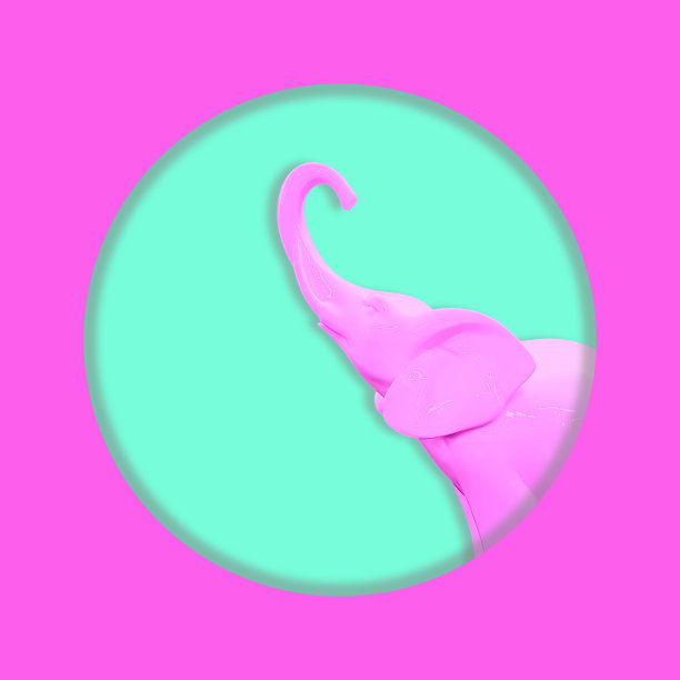 当代拼贴。粉红色的大象在绿松石的背景上。抽象艺术的概念,图片下载