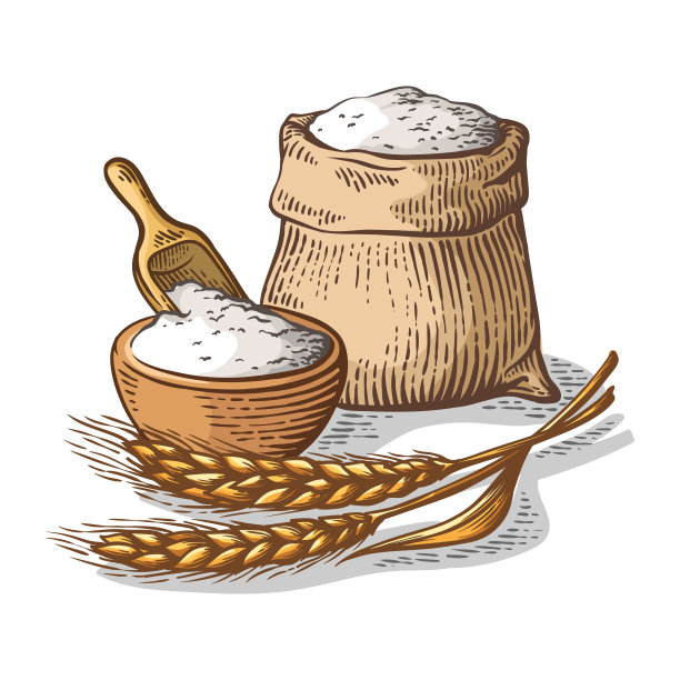 彩色麻袋与新鲜面粉木勺在白色的背景图片下载