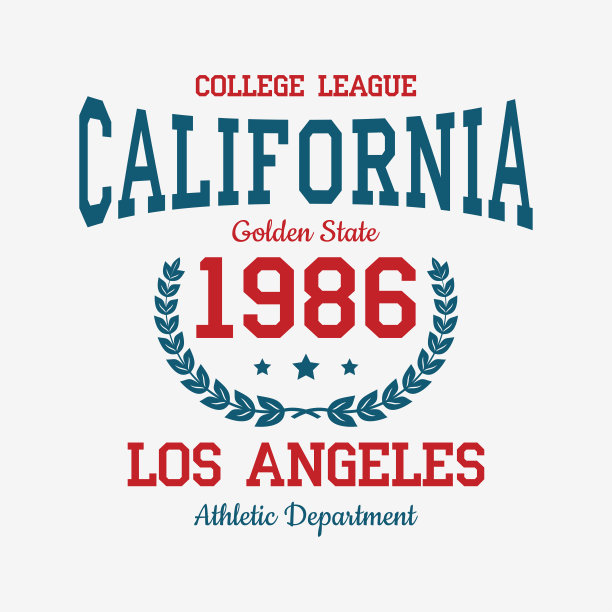 洛杉矶大学t恤排版。加州标语t恤，运动服装印花与复古图形。向量图片下载
