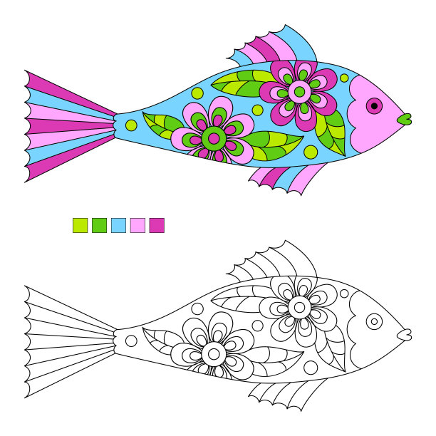 装饰风格的鱼儿童着色书。图片下载