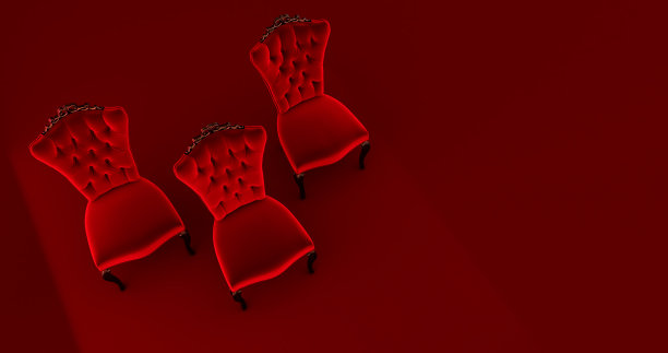 3D渲染三(3)红椅子王孤立在红色背景，vip概念图片下载