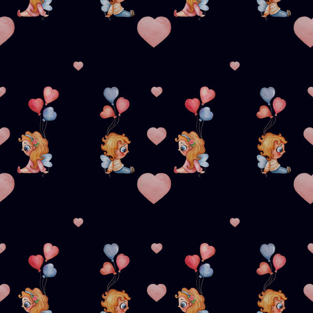 无缝模式。儿童天使-可爱的男孩和女孩与气球坐在一个蓝色的背景与心。水彩。手绘。浪漫与爱情收藏图片下载