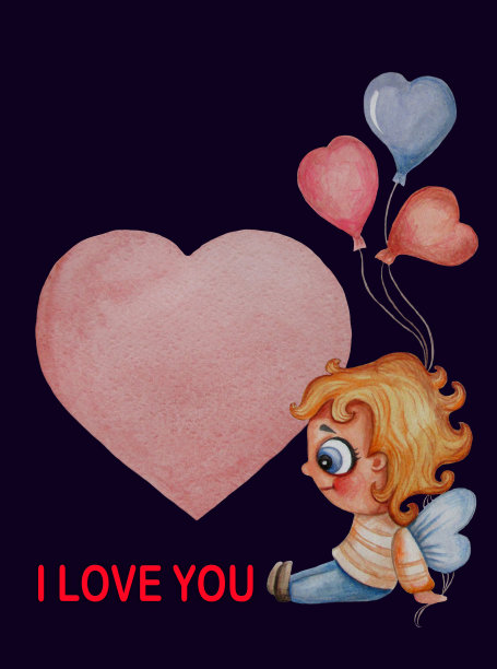 明信片的情人。一个可爱的气球小男孩坐在粉红色的心形背景上。短信-我爱你。水彩插图。在蓝色背景上手绘。可爱的插图图片下载