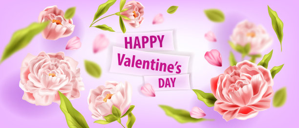 爱情矢量花卉背景或情人节贺卡与飞行的牡丹，花，花瓣。图片下载