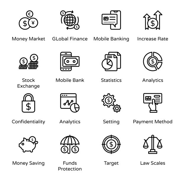 银行和金融轮廓图标 - 描边矢量图图片下载