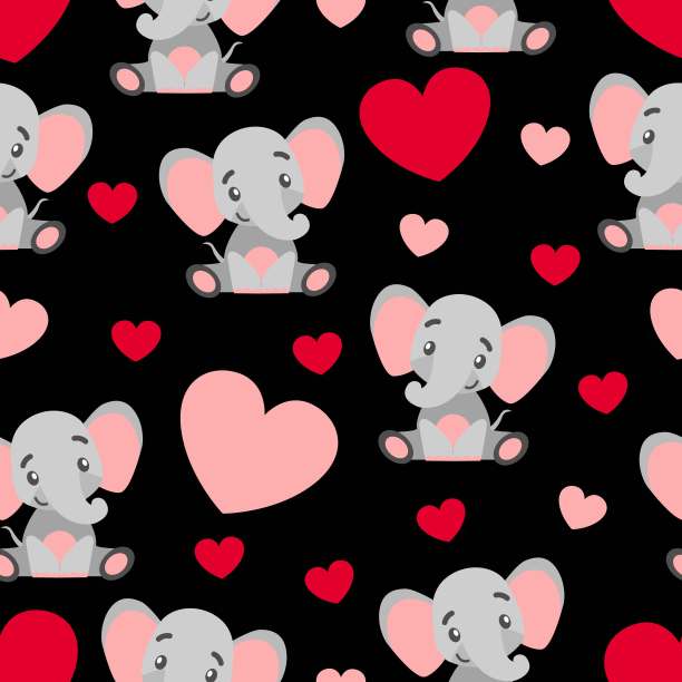 无缝模式。情人节。大象宝宝微笑。卡通风格。可爱和有趣。红色和粉色的心。黑色背景。明信片、墙纸、纺织品、剪贴簿和包装纸图片下载