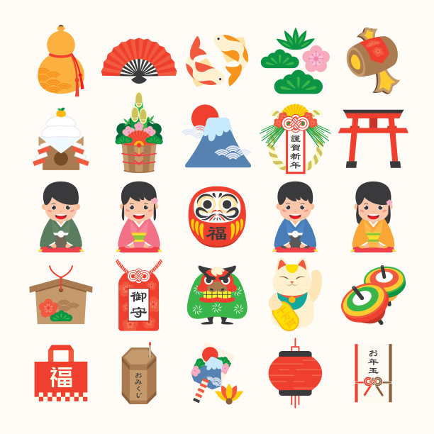 日本新年矢量图标设置日本文化，传统项目，食物和地标。(翻译:新年快乐、财运、护身符、金钱礼物)图片下载