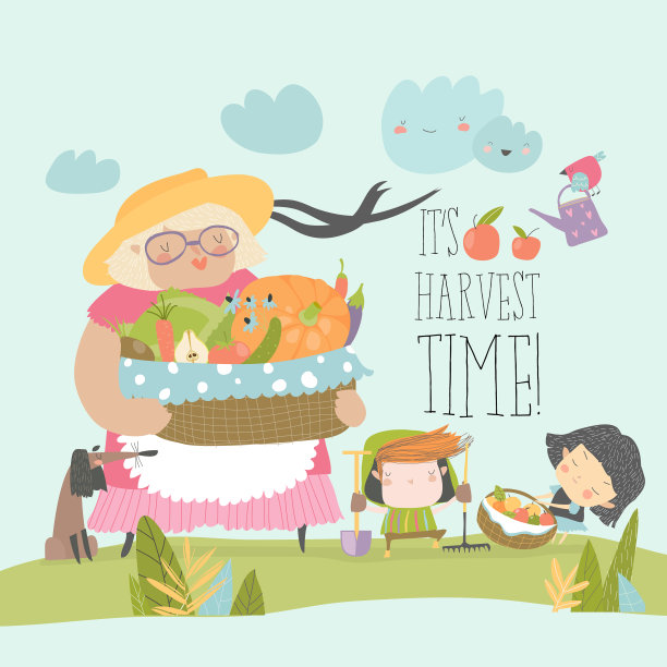 卡通祖母拿着篮子和蔬菜图片下载