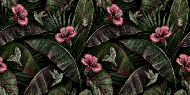 热带异国葡萄酒无缝图案红色木槿，香蕉叶，棕榈树，椰子树。图片下载