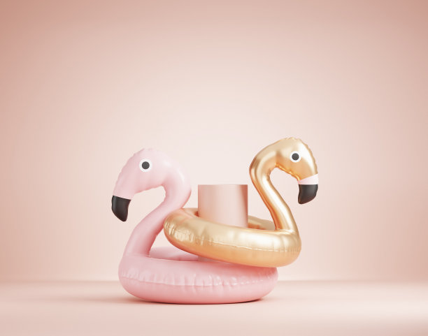 3D领奖台显示，粉红色的背景与粉色和金色充气火烈鸟。夏天的概念。抽象的简约爱情概念，展示产品推广。3D乐趣，工作室渲染插图图片下载
